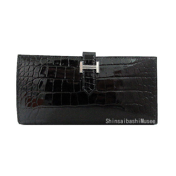 ≪新品≫エルメス ベアンスフレ クロコ アリゲーター シャイニー ブラック 黒 シルバー金具 K刻印 箱 リボン ラッピング ≪Brand new≫ HERMESBearn soufflet crocodile alligator shiny black silver hardware K stamp