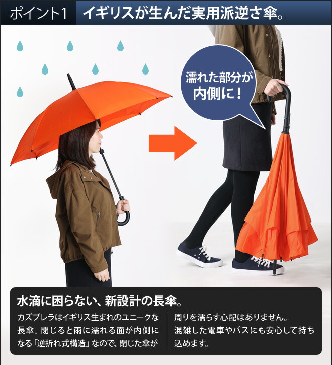 楽天市場 長傘 カズブレラ 逆さ傘 逆折れ式 雨傘 雨具 レイングッズ 濡れない 2重構造 親骨59cm メンズ レディース シンプル イギリス Kickstarter Kazbrella セレクトショップ Aqua アクア