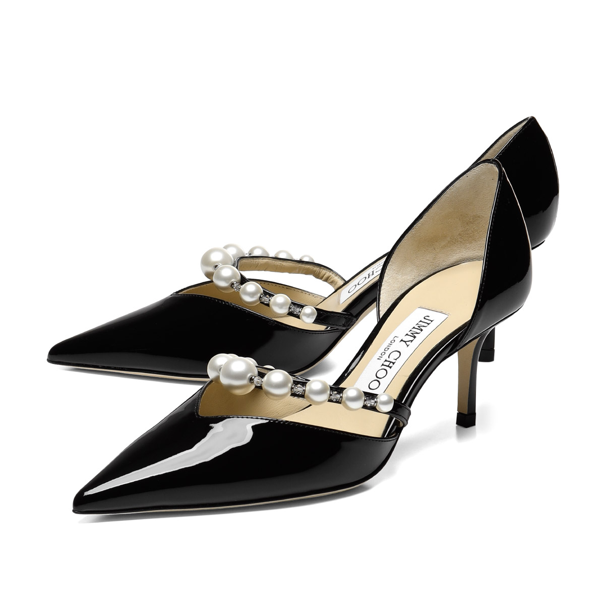 直営店‐Jimmy Choo‐ Rosalia 65mm ポインテッドトゥ パンプス パール付き Latte パテントレザー・ポインテッドトゥ パンプス