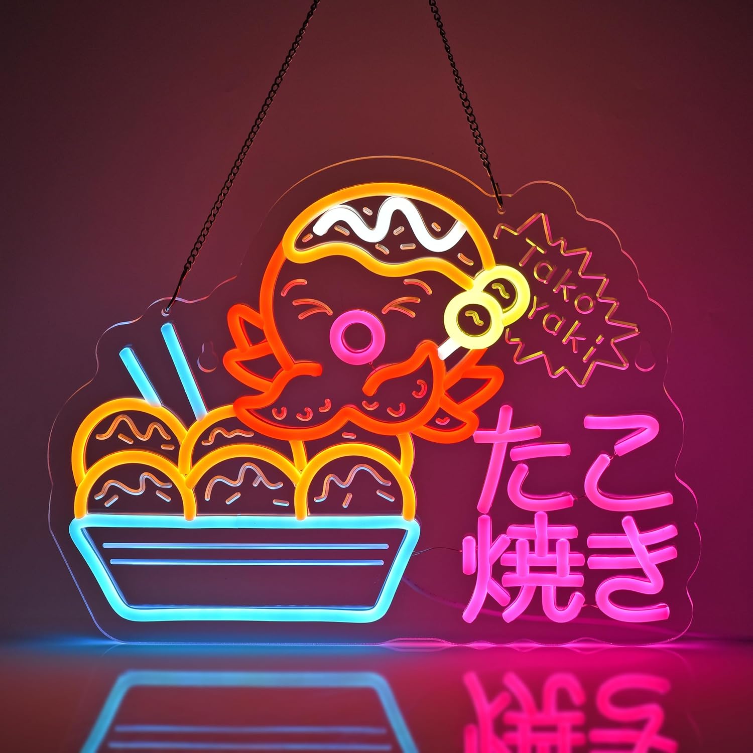 たこ焼き ネオンサイン かわいい 多階段調光 LED タコヤキネオンライト ネオン管ライト USB給電 雰囲気作り レストラン 居酒屋 ダイニングバー 日本料理店 飲食店 壁掛け/吊り下げ両用 店舗用 自宅 開店祝い 屋台など向け目立つ営業標識