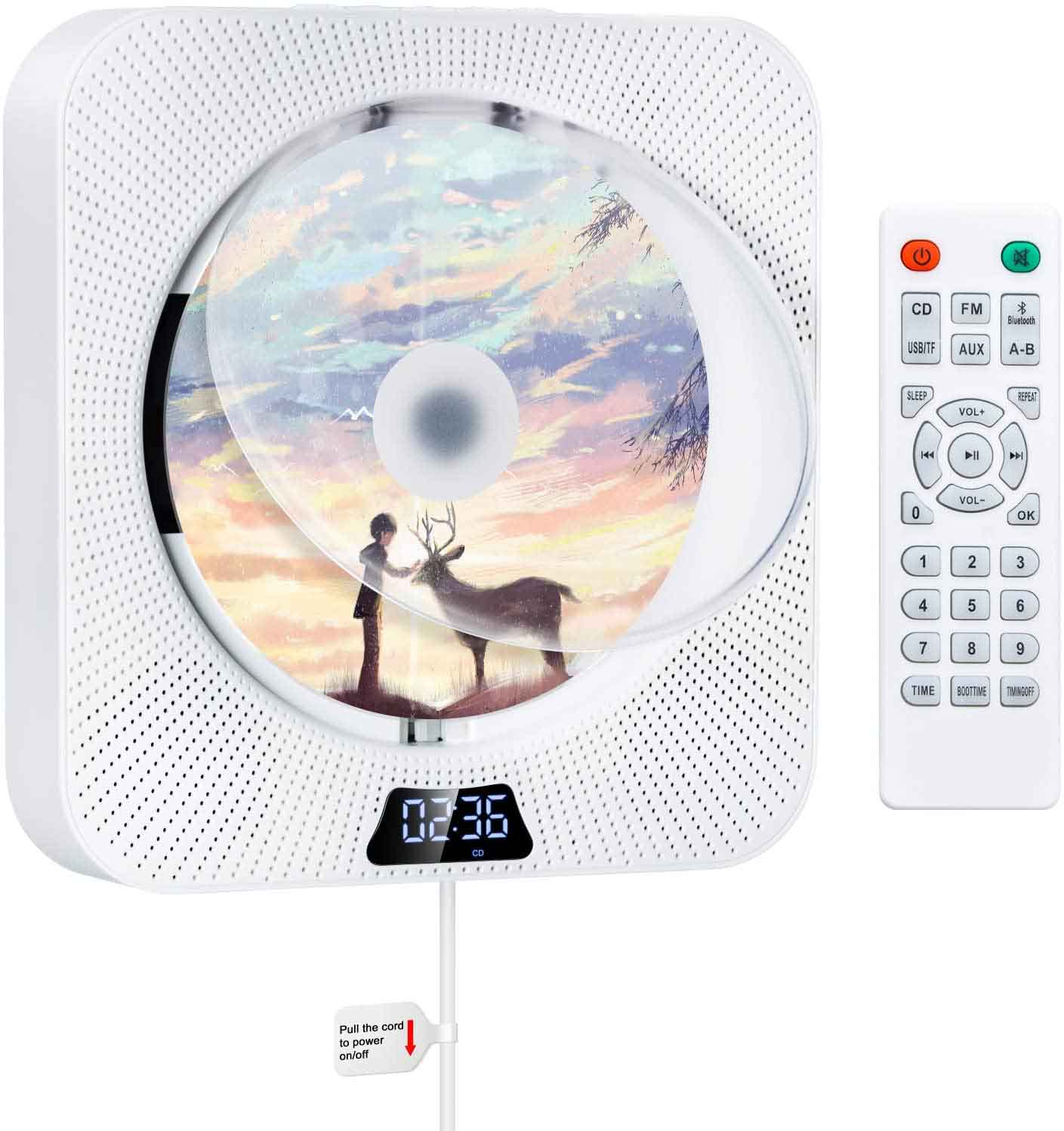 CDプレーヤー 卓上＆壁掛け式 ポータブル 1台多役 2022年革新 防塵透明カバー付き CD/FM/USB/AUX/TFカード/リピート再生などに対応 定時ON/OFF機能 LEDディスプレイ リモコン付き 音楽再生/語学学習/胎児教育 PSE認証済み 日本語説明書付き 6,801円
