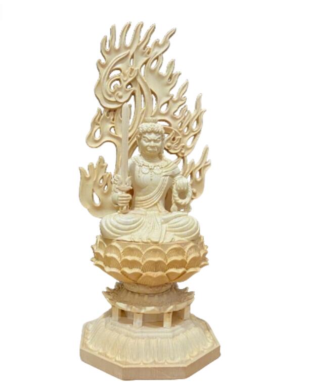 仏像 不動明王 木彫り 仏壇仏像 置物 桧木製 守り本尊 悩み 祈る 厄除け 八角台座 火炎光背 御利益 功徳