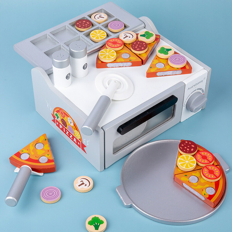 子供用ごっこ遊びキッチンおもちゃ、木製シミュレーションオーブンバーベキューピザオーブン、プレイハウス、幼児教育、3～6歳の子供に適した教育玩具、ホリデーギフト、誕生日プレゼント (ピザ窯) 25.7*28.5*11.5cm