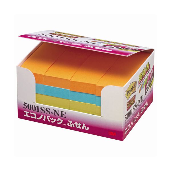 3M スリーエム ポストイット エコノパック 強粘着ふせん 75×25mm ネオンカラー5色 5001SS-NE 1パック（20冊） 【×2セット】 【 セット販売 まとめ買い 割引 オフィス 文房具 文具 業務用 オフィス用品 】 文具 オフィス用品 付箋紙 ポストイット