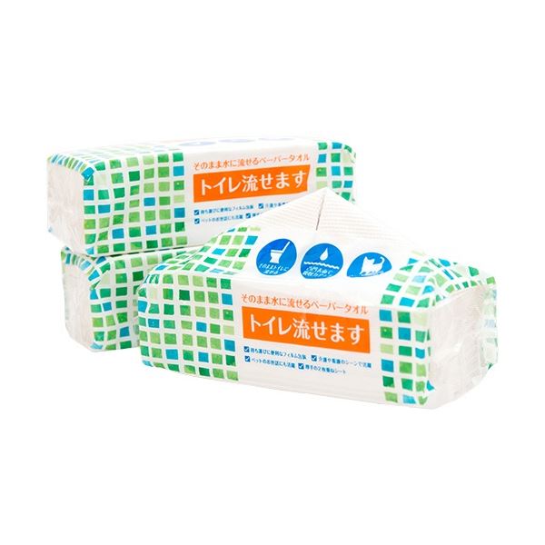 マスコー製紙 そのまま水に流せるペーパータオル トイレ流せます 200枚(100組) 1セット(48個：3個×16パック) ペーパータオル