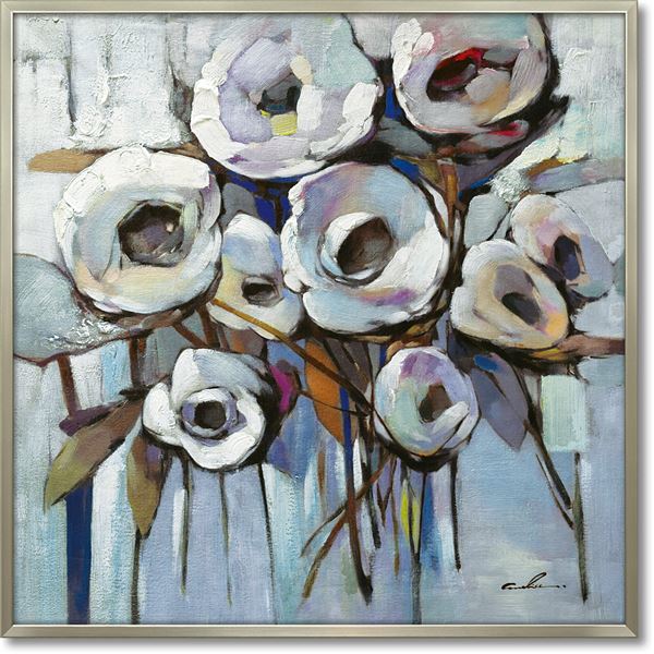 御手々絵の具 オイルペイントアート （L）「ホワイトフラワーズ」 OIL PAINT ART / 派手に御手々絵の具された帆布を金持ちなひな形に仕掛けるしたスペシャルモダンアート。