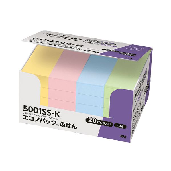 3M スリーエム ポストイット エコノパック 強粘着ふせん 75×25mm パステルカラー4色 5001SS-K 1パック（20冊） 【×5セット】 【 セット販売 まとめ買い 割引 オフィス 文房具 文具 業務用 オフィス用品 】 文具 オフィス用品 付箋紙 ポストイット