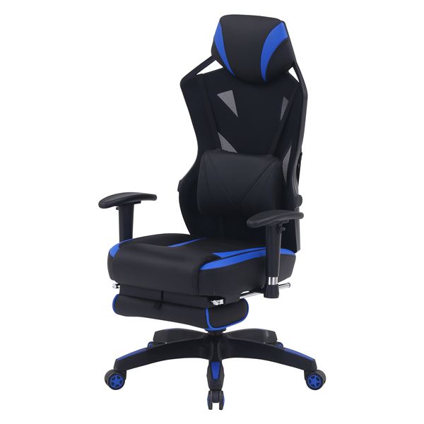 メッシュ ゲーミングチェア レーシングチェア 約幅68.5cm ブルー フットレスト付 スチール 肘付き リビング 在宅ワーク 組立品（ﾒｰｶｰ名:不二貿易） インテリア 家具 オフィス家具 事務用チェア 高機能チェア
