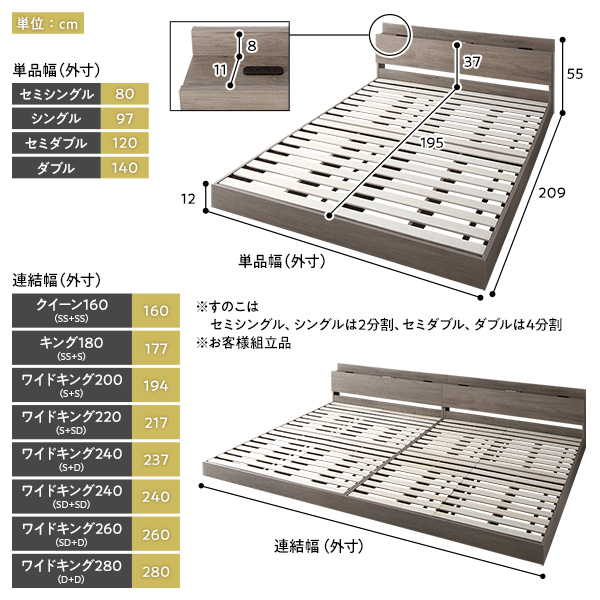 ベッド ワイドキング260 SD＋D ポケットコイルマットレス グレージュ