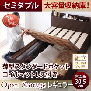 【組立設置ｻｰﾋﾞｽ付】 跳ね上げ式ベッド すのこ 収納ベッド ベッドフレーム 収納 薄型スタンダードポケットコイル付き ポケットコイル 【セミダブルベッド 】 マットレスセット セミダブルサイズ 【深さ:レギュラー】 セミダブルベッド セミダブル