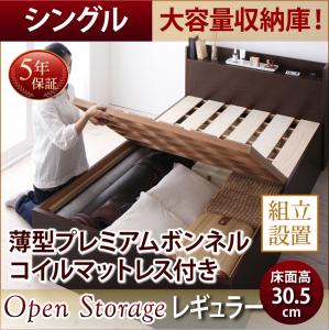 【組立設置ｻｰﾋﾞｽ付】 跳ね上げ式ベッド すのこ 収納ベッド ベッドフレーム 収納 薄型プレミアムボンネルコイルマットレス付き ボンネルコイル 【 シングルベッド 】 マットレスセット シングルサイズ 【深さ:レギュラー】 シングルベッド シングル 木製