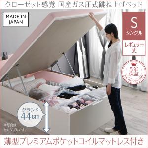 【跳ね上げ式ベッド 収納ベッド チェストベッド】 収納 エマーブル 薄型プレミアムポケットコイルマットレス付き ポケットコイル 【縦開き】 シングル レギュラー丈【深さ: グランド】 シングルベッド シングル マットレスシングル