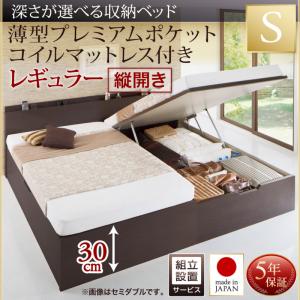 【組立設置サービス付 跳ね上げ式ベッド 】 収納家具 収納ベッド 大容量 薄型プレミアムポケットコイルマットレス付き ポケットコイル 【縦開き】 シングルベッド 【深さ:レギュラー】 【縦開き】 シングル 収納ベッド 木製ベッド