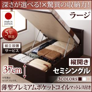 【組立設置ｻｰﾋﾞｽ付 跳ね上げ式ベッド 収納ベッド 】 収納家具 収納ベッド 大容量 薄型プレミアムポケットコイルマットレス付き ポケットコイル 【縦開き】 【セミシングルベッド 】 マットレスセット セミシングルサイズ 【深さ:ラージ】