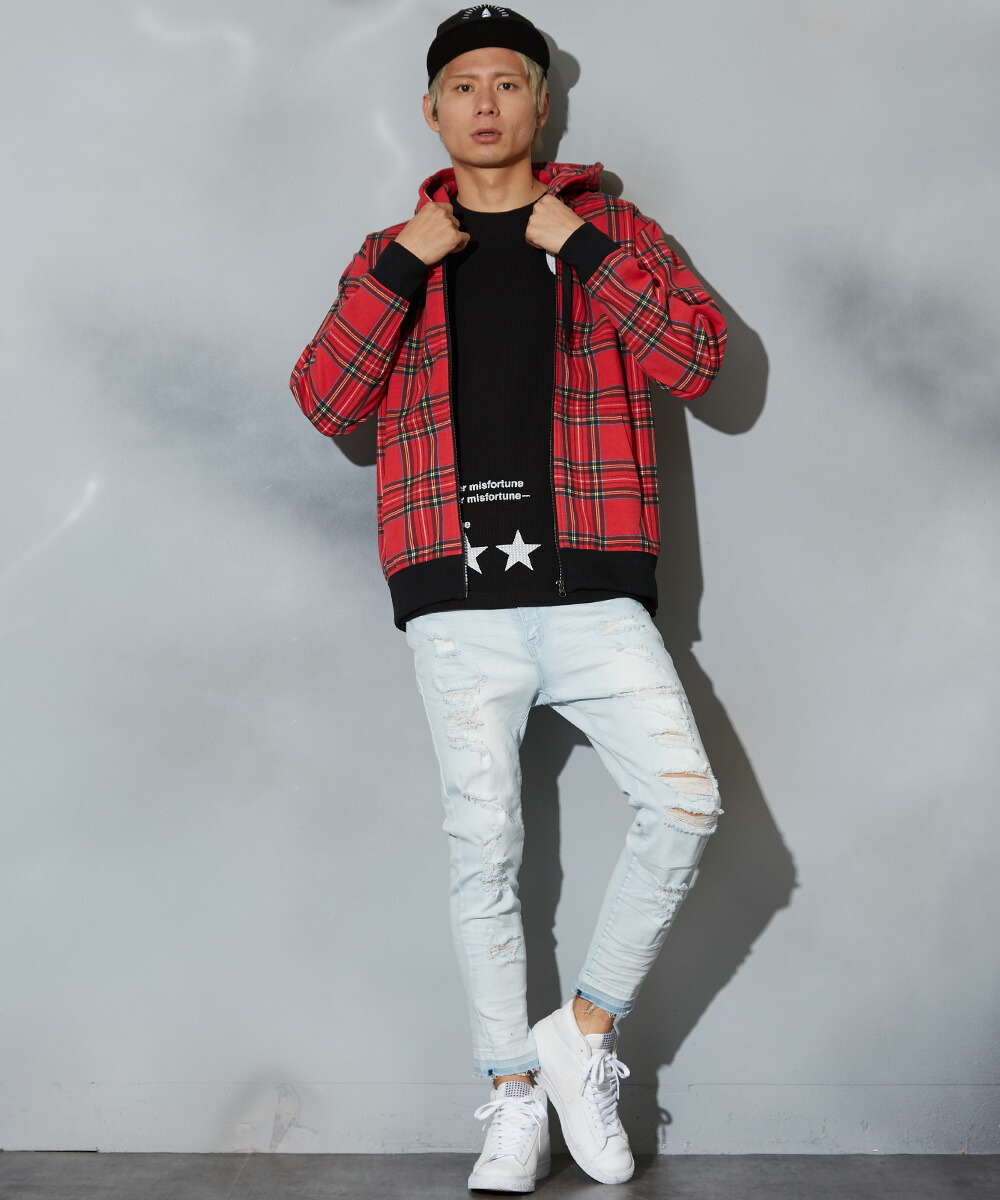 楽天市場 パーカー メンズ レディース ジップアップパーカー ジップパーカー タータンチェック柄 スウェットパーカー スエットパーカー 韓国 ファッション ブラック レッド 黒 赤 Improves Improves