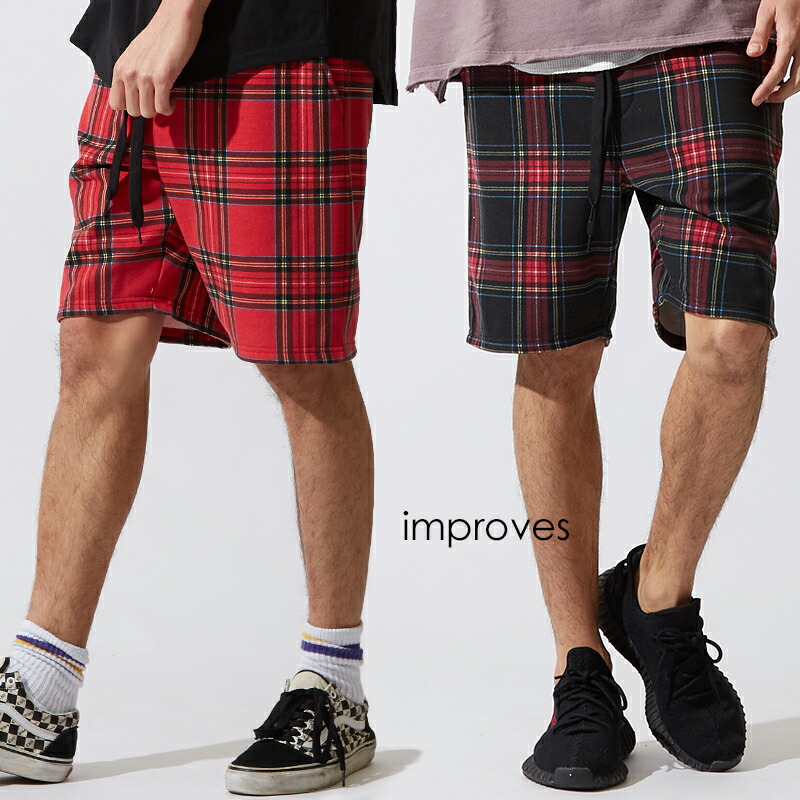 楽天市場 チェック ショートパンツ メンズ 膝上 レディース スウェット ハーフパンツ ショーツ 短パン スエット ブラック レッド 黒 赤 ストリート系 ストリートファッション スケーター スポーツミックス アメカジ メンズファッション Improves