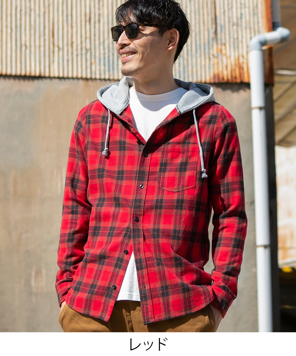 楽天市場 チェックシャツ メンズ ファッション フードシャツ フード付きシャツ パーカー チェック柄 シャツ 長袖シャツ ネルシャツ タータンチェック レッド ブルー ブラック ホワイト 赤 青 黒 白 Improves Improves