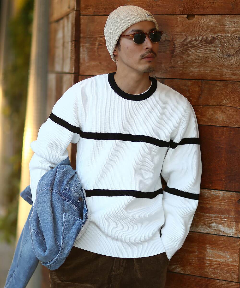 楽天市場 ボーダー ニット メンズ セーター 長袖 ニットセーター ボーダーニット ボーダー柄 もちもちニット ブラック ホワイト ベージュ グレー 黒 白 Improves Improves