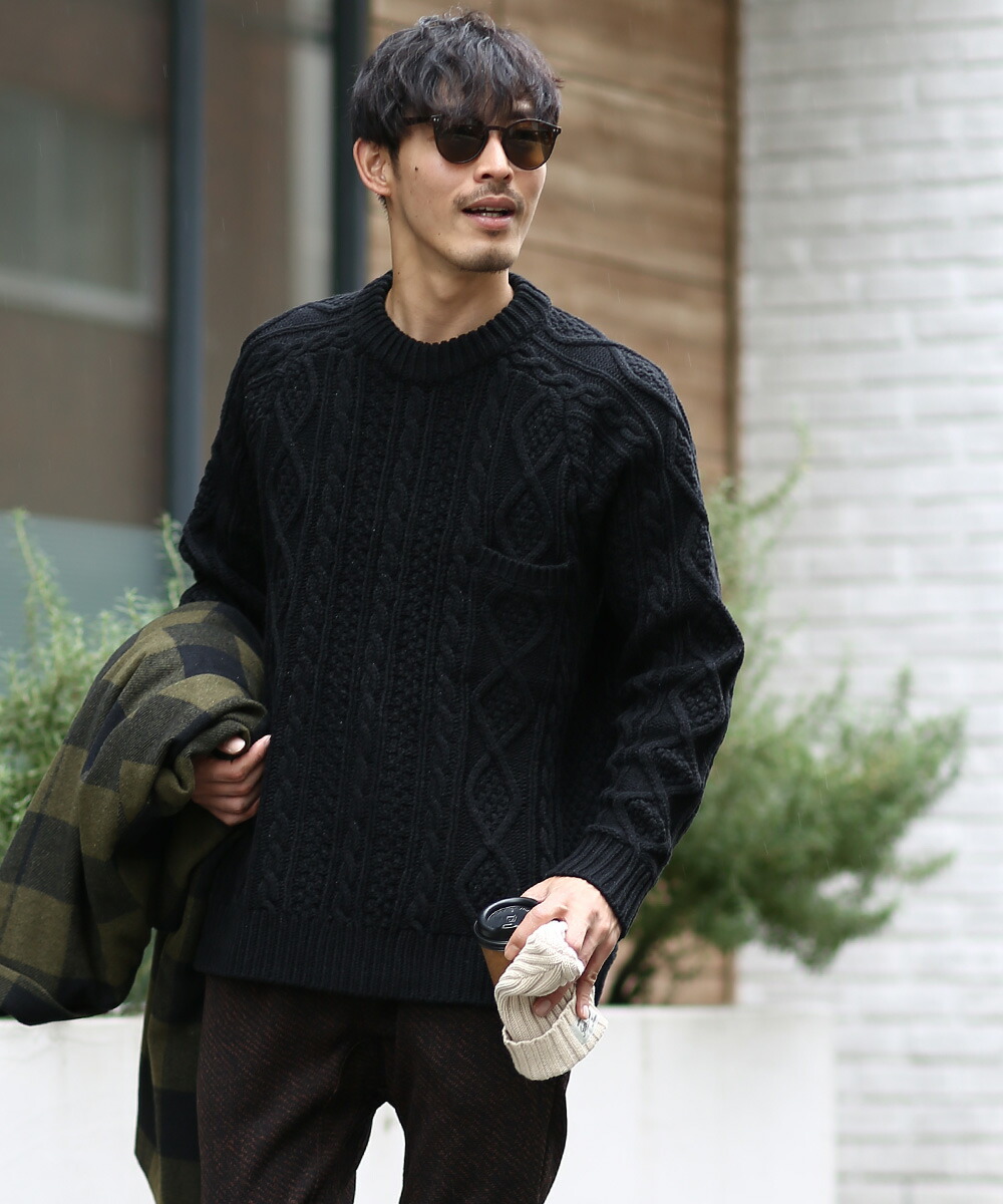 楽天市場 ケーブルニット メンズ ローゲージニット ケーブル編み セーター 長袖 ニットセーター 無地 厚手 ニット ブラック ホワイト 黒 白 Improves Improves