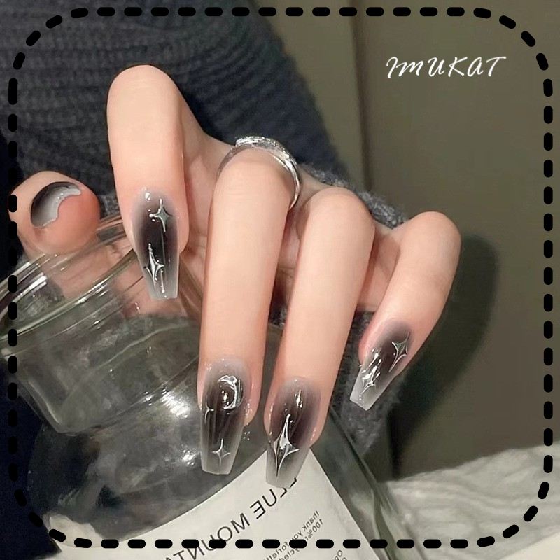 楽天市場】ISHR ネイルチップ ロング 24枚入 黒 つけ爪 3D立体感 手用