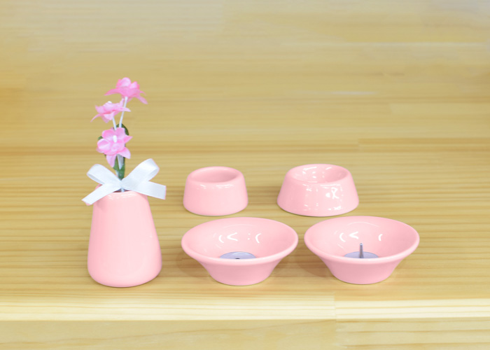 【楽天市場】ミニ仏具 8点セット ピンク おもいでのあかし ペット供養 陶器 蝋燭立 香皿 供物皿 水入れ 花立：和み仏壇 INABA