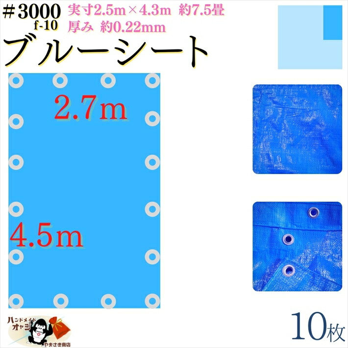 ブルーシート 厚手 防水 3000 2 7 4 5 10枚入 実寸 2 5 4 3 厚み 約0 22mm 広さ 約 4畳半 材質 Pe ポリエチレン カラー ブルー 青 アルミ ハトメ 付 間隔 約90cm 16個 Andapt Com