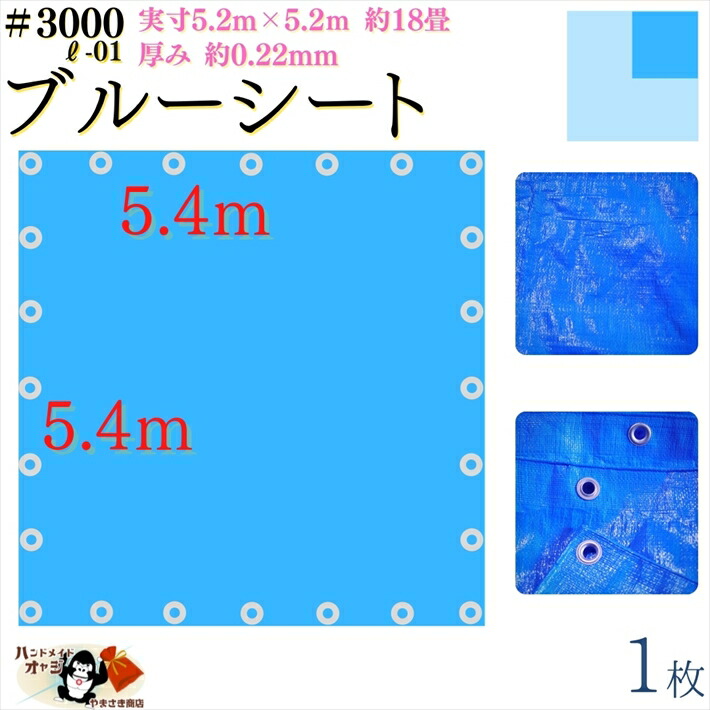 【 ブルーシート 厚手 防水 #3000 5.4×5.4 ｍ 1枚入 】 実寸 5.2×5.2ｍ 厚み 約0.22mm 広さ 約 18畳 材質 PE ポリエチレン カラー ブルー 青 アルミ ハトメ 付 間隔 約90cm×24個
