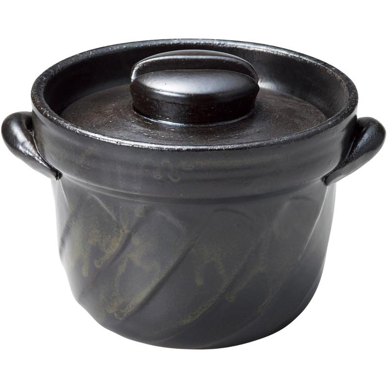 萬古焼 ご飯土釜 ごはん ご飯鍋 2合 ねじれご飯釜 黒釉 直径20cm 電子レンジ対応 耐熱陶器 日本製 18816