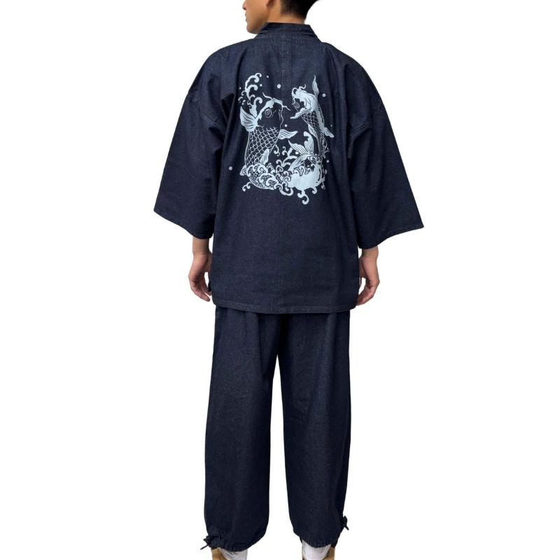 [江戸てん] デニム作務衣 大きいサイズ M～5L メンズ 上下セット 和柄プリント 鯉シリーズ 縁起柄｜イナノカショップ