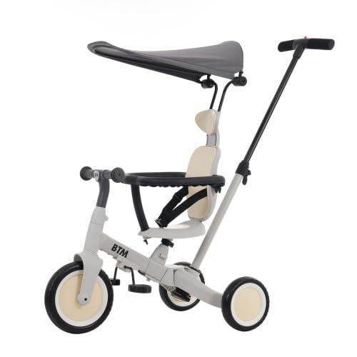 BTM 子供用三輪車 5in1 自転車 オリジナル 押し棒付き 安全バー付き キックボード カップホルダー ベル バッグ付き サンシェード付き