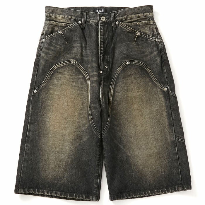 【フェイクアズフラワー ダブルニーデニムショーツ】 FAF フェイクアズフラワー NEWCOMMUNE Baggy Denim Shorts black FAF-004121408