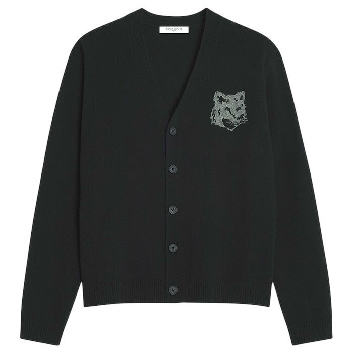 【国内正規品】 【メゾンキツネ フォックスヘッドインターシャメリノニットカーディガン】MAISON KITSUNE メゾンキツネ FOX HEAD INTARSIA MERINO CARDIGAN black x medium grey melange KITSUNE-PM00509KM0329