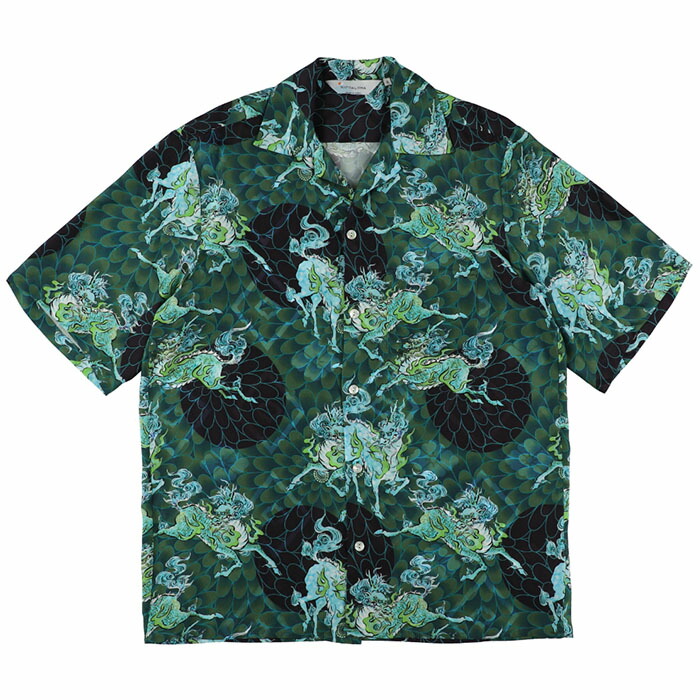 【NIPOALOHA シルクキュプラアロハシャツ】 NIPOALOHA ニポアロハ SILK CUPRO SHORT SLEEVE ALOHA SHIRT QILIN AND CHRYSANTHEMUM x VIRIDIAN NIPOALOHA-N26-SCSH03