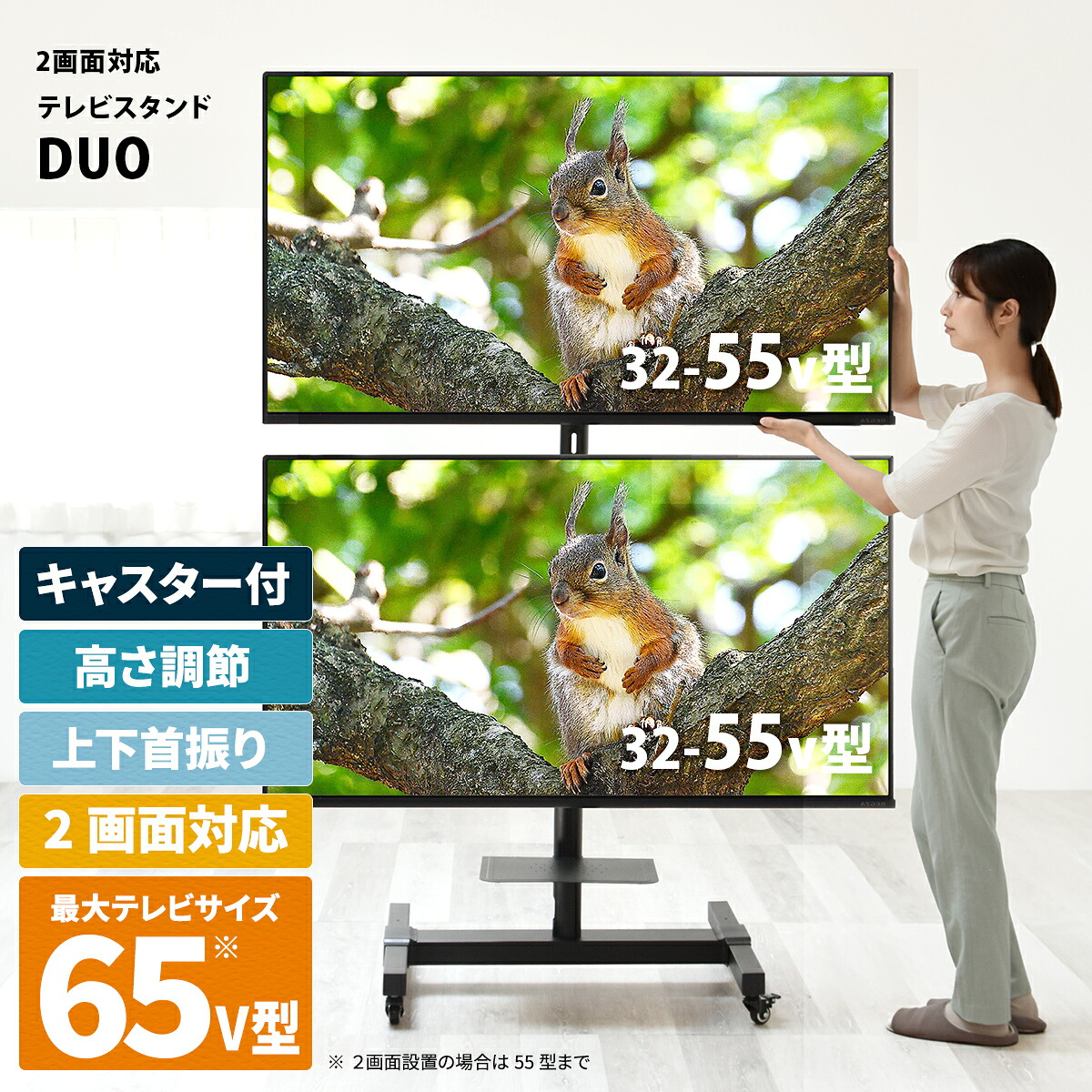 テレビスタンド キャスター付き テレビ台 壁寄せ 2画面 前後 上下 32～65型対応 高さ調節 棚付き 棚板 収納 おしゃれ シンプル 移動式 会社 会議 会議室 ミーティング 法人 TVスタンド TV台 ディスプレイスタンド モニタースタンド シンプル Duo デュオ 8,861円