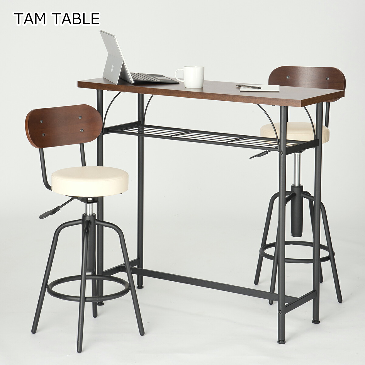 【クーポン配布中】カウンターテーブル 単品 タムテーブル ハイテーブル パソコンテーブル バーテーブル 棚付き 収納付き 作業台 机 デスク スリム コンパクト カフェ風 レトロ インダストリアル ウォールナット 木製 おしゃれ 北欧 飲食店 PC TAM-TT Vデザイン