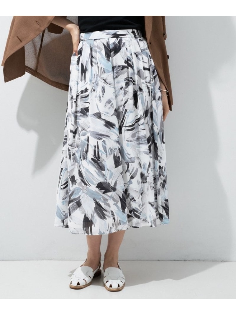 【洗える】リーフ柄タックフレアスカート INDIVI インディヴィ スカート ロング・マキシスカート ブルー グレー【送料無料】[ Fashion]