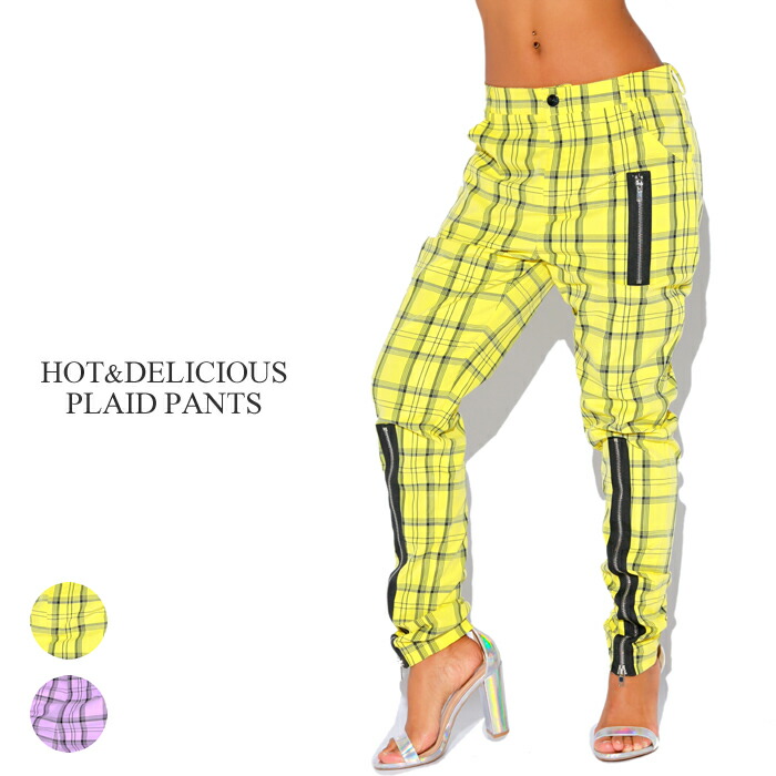 【送料無料】HOT&DELICIOUS プレイドパンツ【YELLOW/LAVENDER】 (Class クラス 通販 レディース 海外 インポート ファッション 輸入 LA ロング ジップアップ ファスナー チェック 柄 パステル)