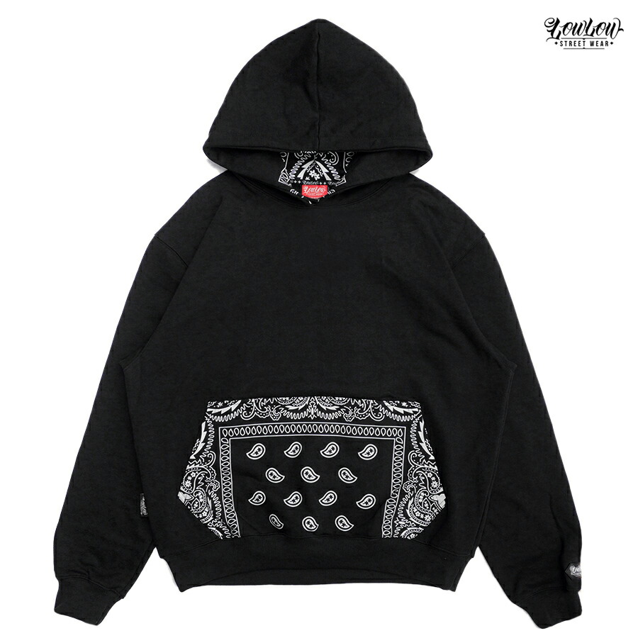【貨物輸送無料】LOWLOW STREETWEAR BANDANA HOODIE【BLACK】(M・L・XL・2XL)(通信販売 服 メンズ 大層らしい大きさ パーカー フーディー ボンネット 汗水 バンダナ ペイズリー PAISLEY LOWRIDER 置き目乗馬者 天使の都市 ロゴタイプ)