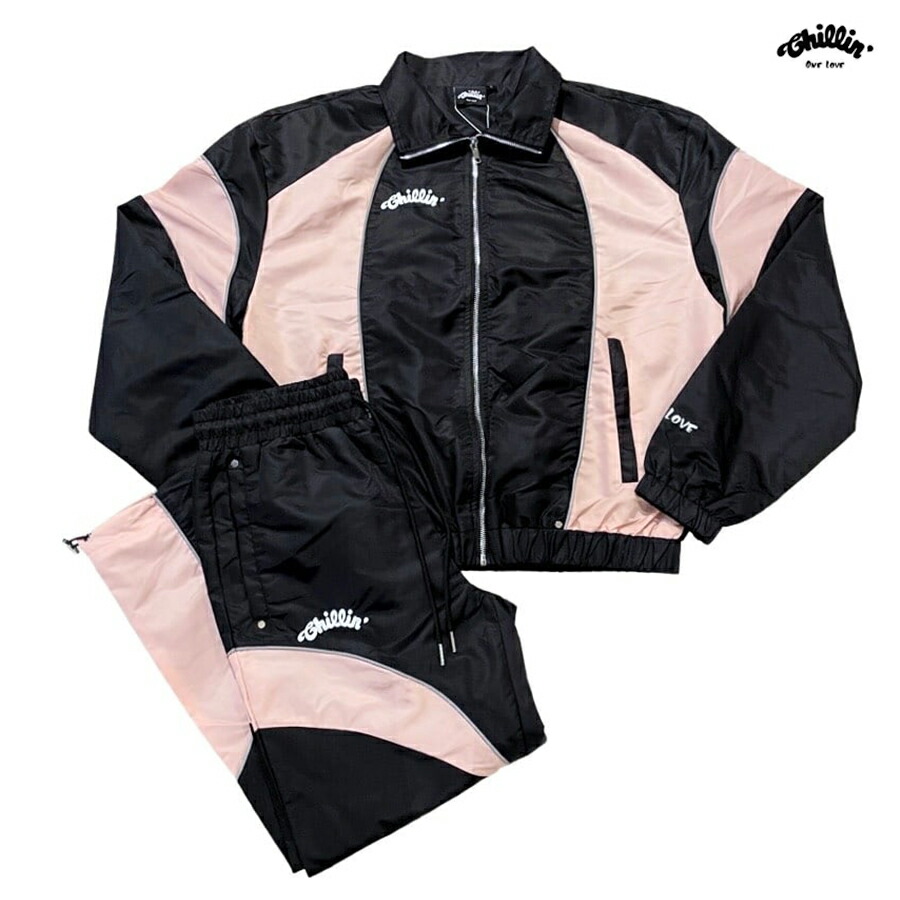 【送料無料】CHILLIN NYLON SET UP【BLACK×PINK】(M・L・XL・2XL)(チリン 通販 服 大きいサイズ セットアップ ナイロンセット 上下セット ジャージ ウインドブレーカー ナイロン トラックジャケット トラックパンツ ナイロンパンツ)|Indoor Class Online Store