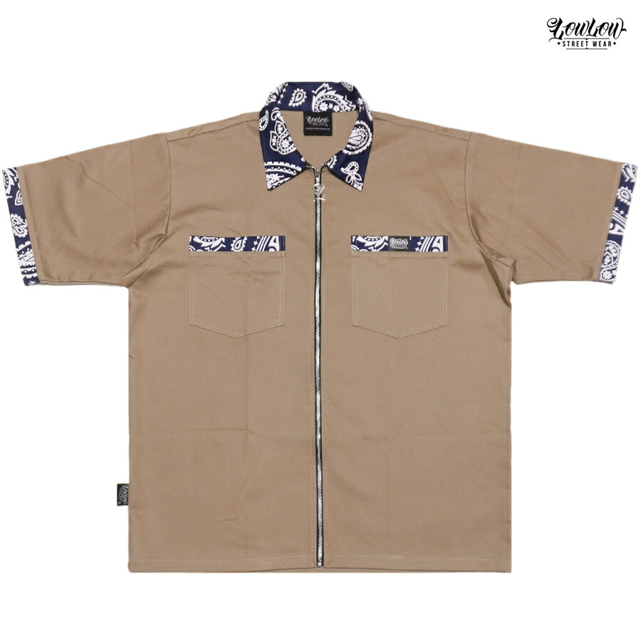 【送料無料】LOWLOW STREETWEAR LOWRIDING BANDANA ZIPUP SHIRTS【KHAKI】 (M・L・XL・2XL)(通販 服 大きいサイズ ワークシャツ ジップシャツ 半袖 ショートスリーブ バンダナ ペイズリー PAISLEY LOWRIDER ローライダー ロサンゼルス)