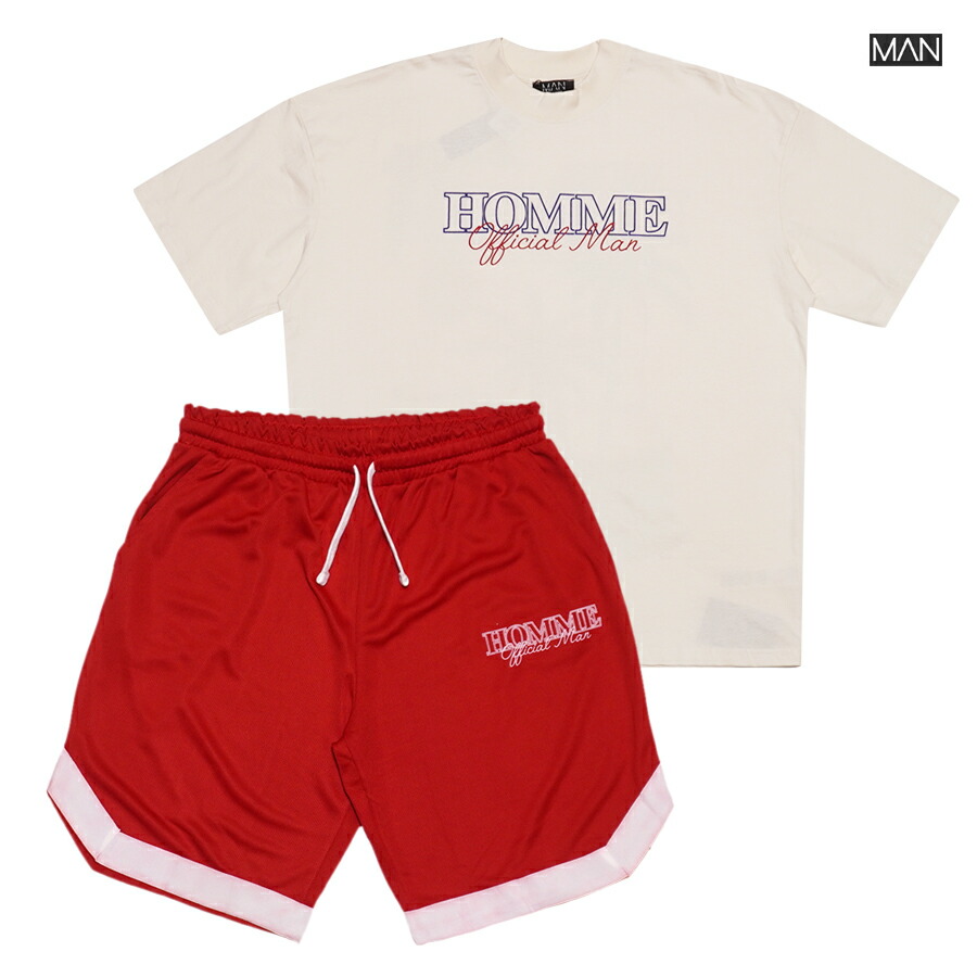 【SPECIAL PRICE★送料無料】MAN OFFICIAL HOMME OVERSIZED SET UP【CREAM】 (M・L・XL)(通販 メンズ 大きいサイズ セットアップ 上下セット Tシャツ 半袖 ショートスリーブ ハーフパンツ ショーツ ショートパンツ メッシュショーツ ビッグサイズ オーバーサイズ)
