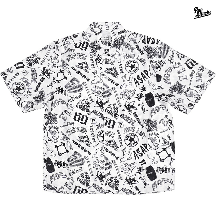 【送料無料】RAP ATTACK RAPPER'S TATTOO OPEN SHIRTS【WHITE】 (L・XL)(ラップアタック 通販 メンズ 大きいサイズ 服 オープンシャツ ボタンシャツ 柄 シャツ 半袖 ショートスリーブ HIPHOP ヒップホップ タトゥー)