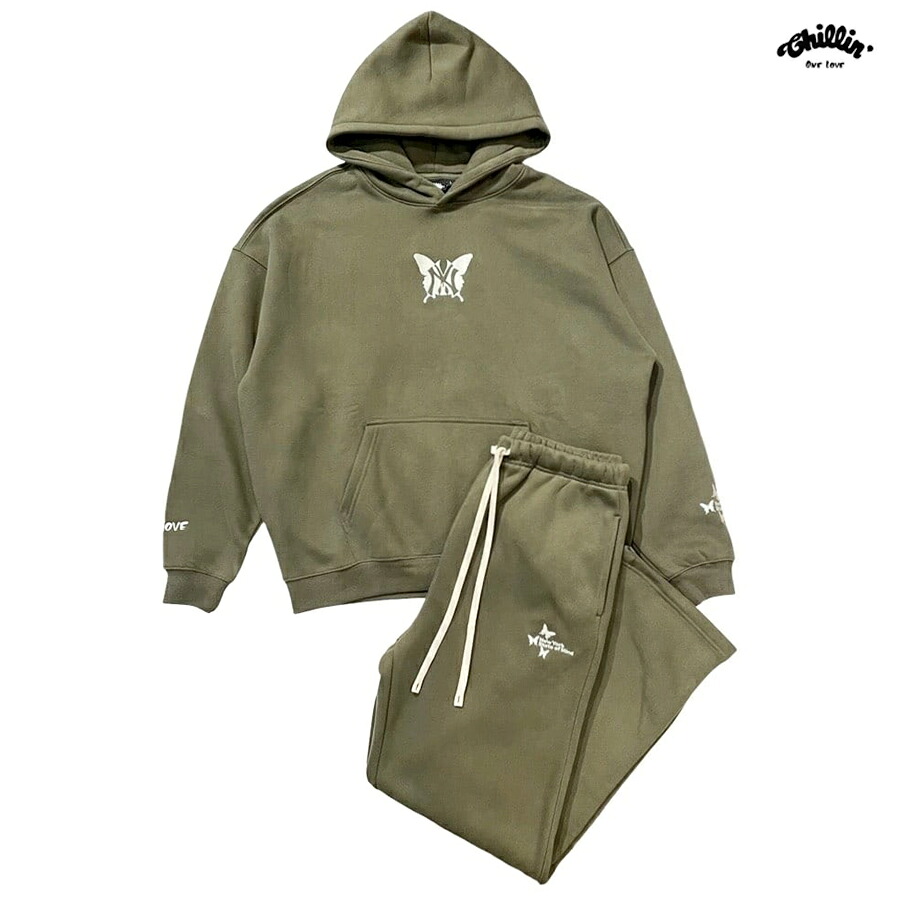 【送料無料】CHILLIN NY BUTTERFLY SWEAT SETUP【MOSS GREEN】 (L・XL)(チリン 通販 服 大きいサイズ セットアップ 上下セット パーカー スウェット フード フーディー スウェットパンツ ヘビーウェイト 厚手 刺繍 ロゴ)