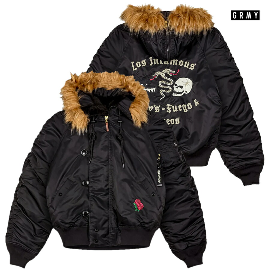 【SPECIAL PRICE★送料無料】GRIMEY THE PLANET N-2B FLIGHT JACKET【BLACK】(M・L・XL)(グライミー 通販 メンズ 大きいサイズ ナイロン ファー フード フーディー ジャケット ワーク ミリタリー アウター)｜Indoor Class Online Store