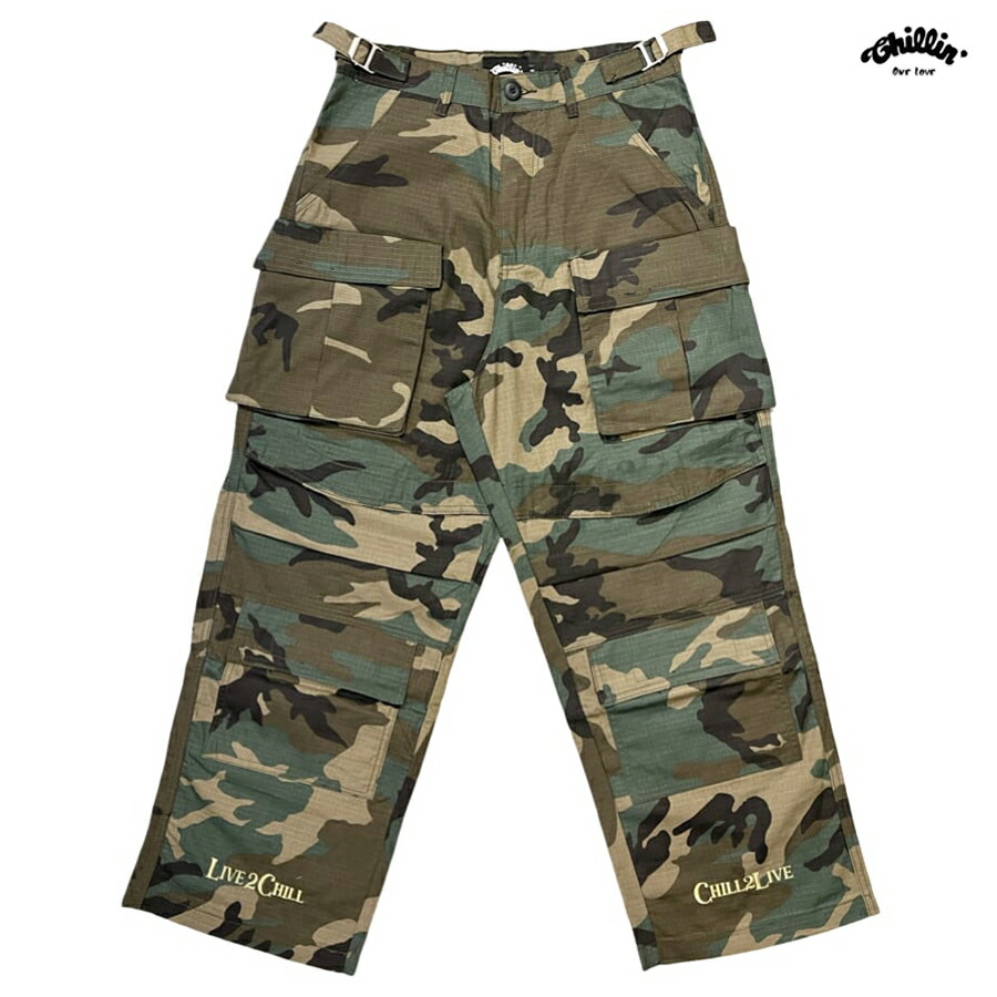 【送料無料】CHILLIN CAMO CARGO PANTS【CAMOUFLAGE】(M・L・XL)(チリン 通販 服 大きいサイズ カモフラージュ 迷彩 カーゴパンツ ロングパンツ ロゴ)｜Indoor Class Online Store 16,280円