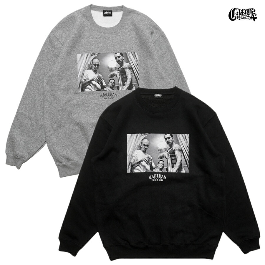 【送料無料】CALIFAS SMILEY CREWNECK SWEAT【BLACK/GRAY】 (M・L・XL・2XL)(カリファス オリジナル 通販 服 メンズ 大きいサイズ スウェット ヘビーウエイト 厚手 映画 ムービー TRAINING DAY トレーニングデイ カリフォルニア ロサンゼルス ウエストコースト ロゴ)