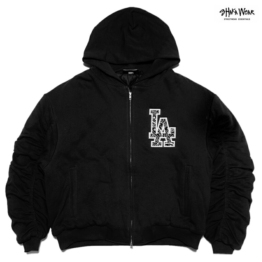 【送料無料】SHAKA WEAR LA PAISLEY CUSTOM BOMBER JACKET【BLACK】 (M・L・XL・2XL)(シャカ 通販 メンズ 服 大きいサイズ フーディー フード ボンバー ジャケット アウター パーカー スウェット オーバーサイズ バンダナ ペイズリー カスタム)