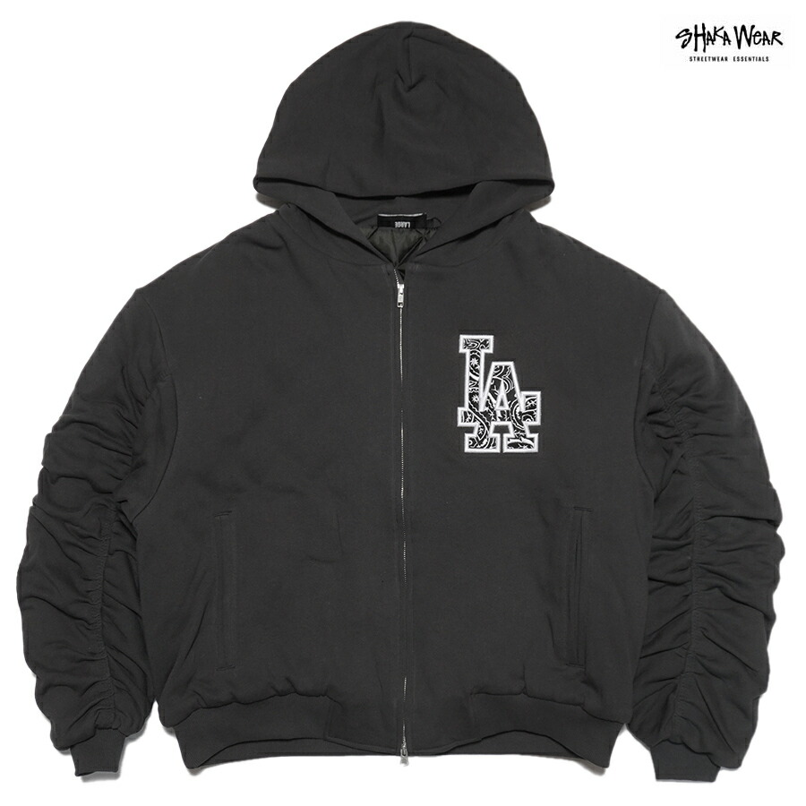 【送料無料】SHAKA WEAR LA PAISLEY CUSTOM BOMBER JACKET【DARK GRAY】(M・L・XL・2XL)(シャカ 通販 メンズ 服 大きいサイズ フーディー フード ボンバー ジャケット アウター パーカー スウェット オーバーサイズ バンダナ ペイズリー カスタム)｜Indoor Class Online Store
