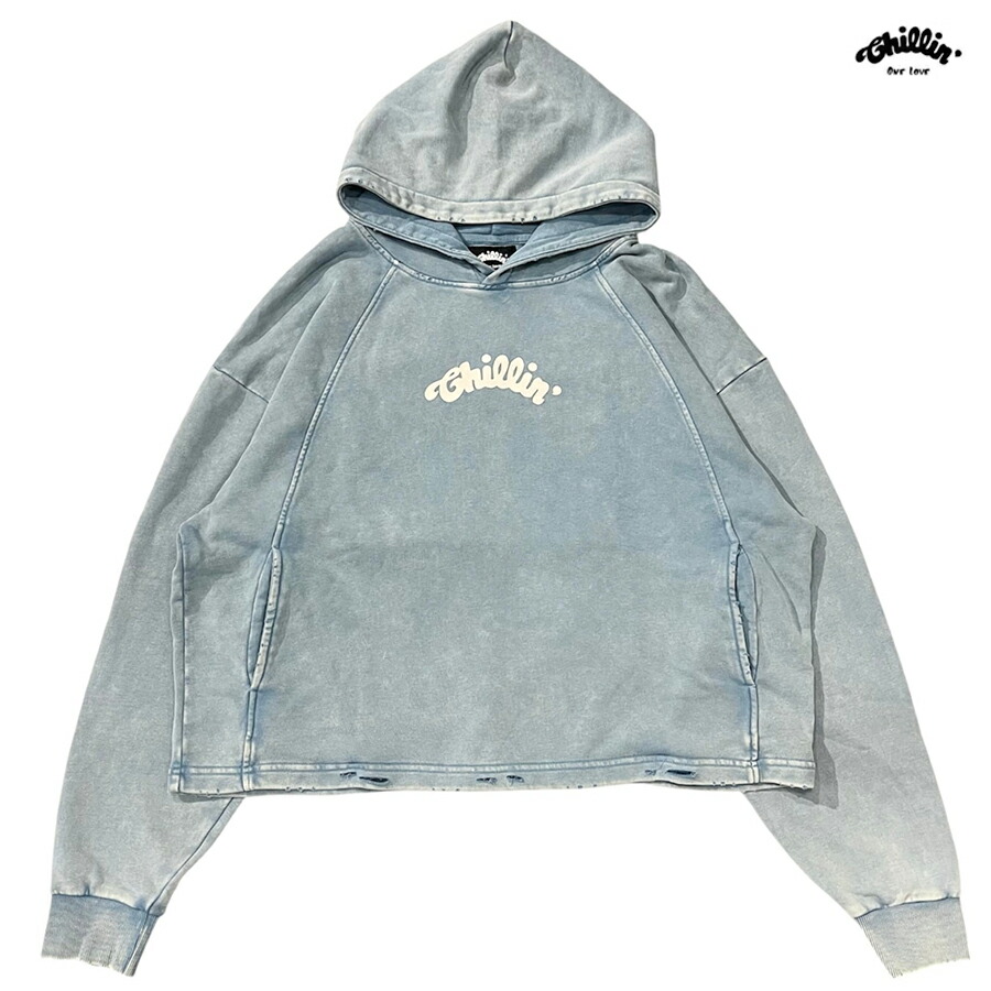 【送料無料】CHILLIN CROPPED HOODIE【BLUE】 (M・L・XL)(チリン 通販 服 大きいサイズ パーカー スウェット フード フーディー ビンテージ ウォッシュ クロップド 刺繍 ロゴ)