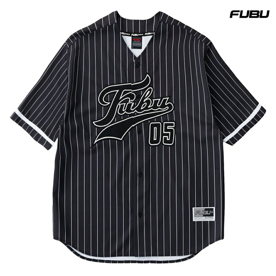 【送料無料】FUBU PATCH BASEBALL SHIRTS【BLACK】(M・L・XL・2XL)(フブ 通販 メンズ 大きいサイズ ゲームシャツ ベースボールシャツ ジャージ ストライプ 半袖 ショートスリーブ ビックシルエット オーバーサイズ B系)